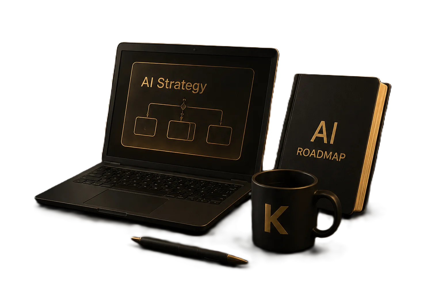 AI Transformation Mentorship Visual: Laptop showing AI Strategy, AI Roadmap book, mug, and pen